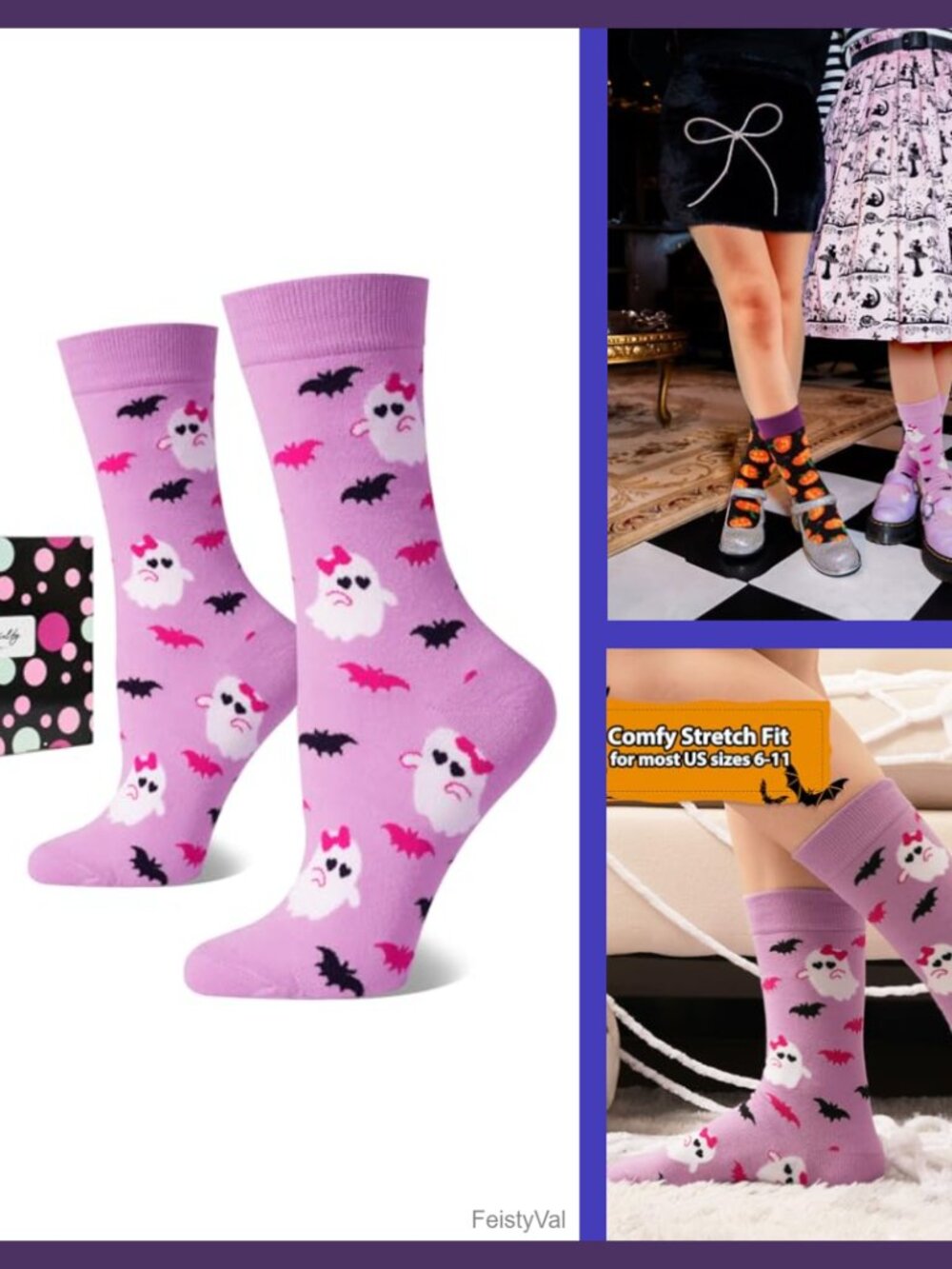 Cute Ghost Bat Pumpkin Crew Socks Cotton Blend Novelty Halloween Gift Box